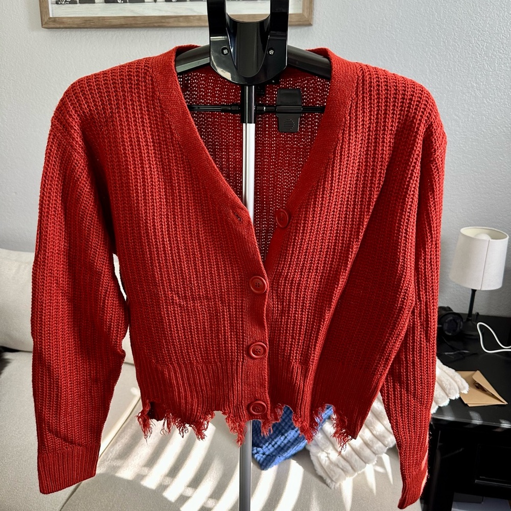 Fashion Nova Red Frayed Hem Cardigan